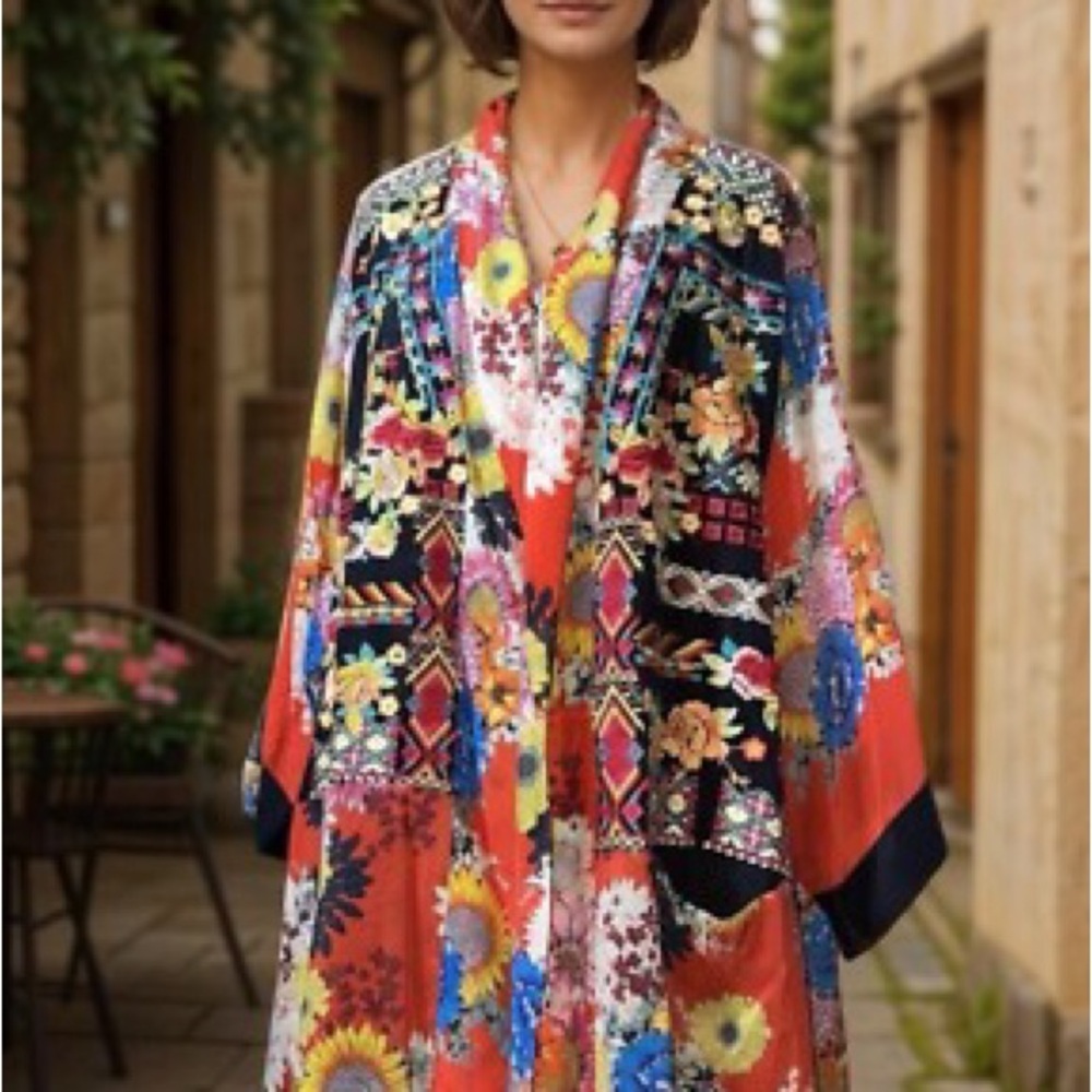 Johnny Was Red Multicolor Floral Patchwork Open Cardigan